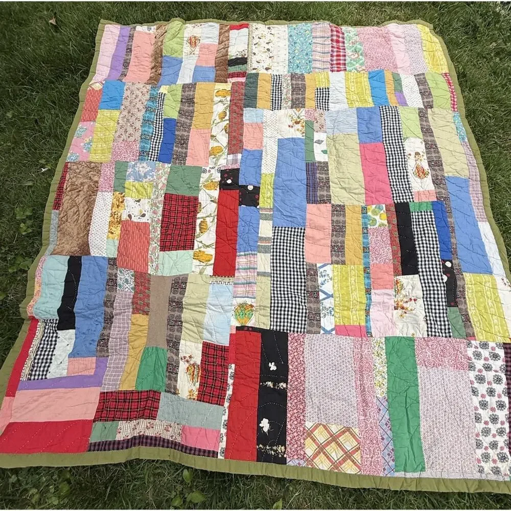 Antique Vintage 1930’s CRAZY QUILT Multi-Color Feed Sack Olive Green Back